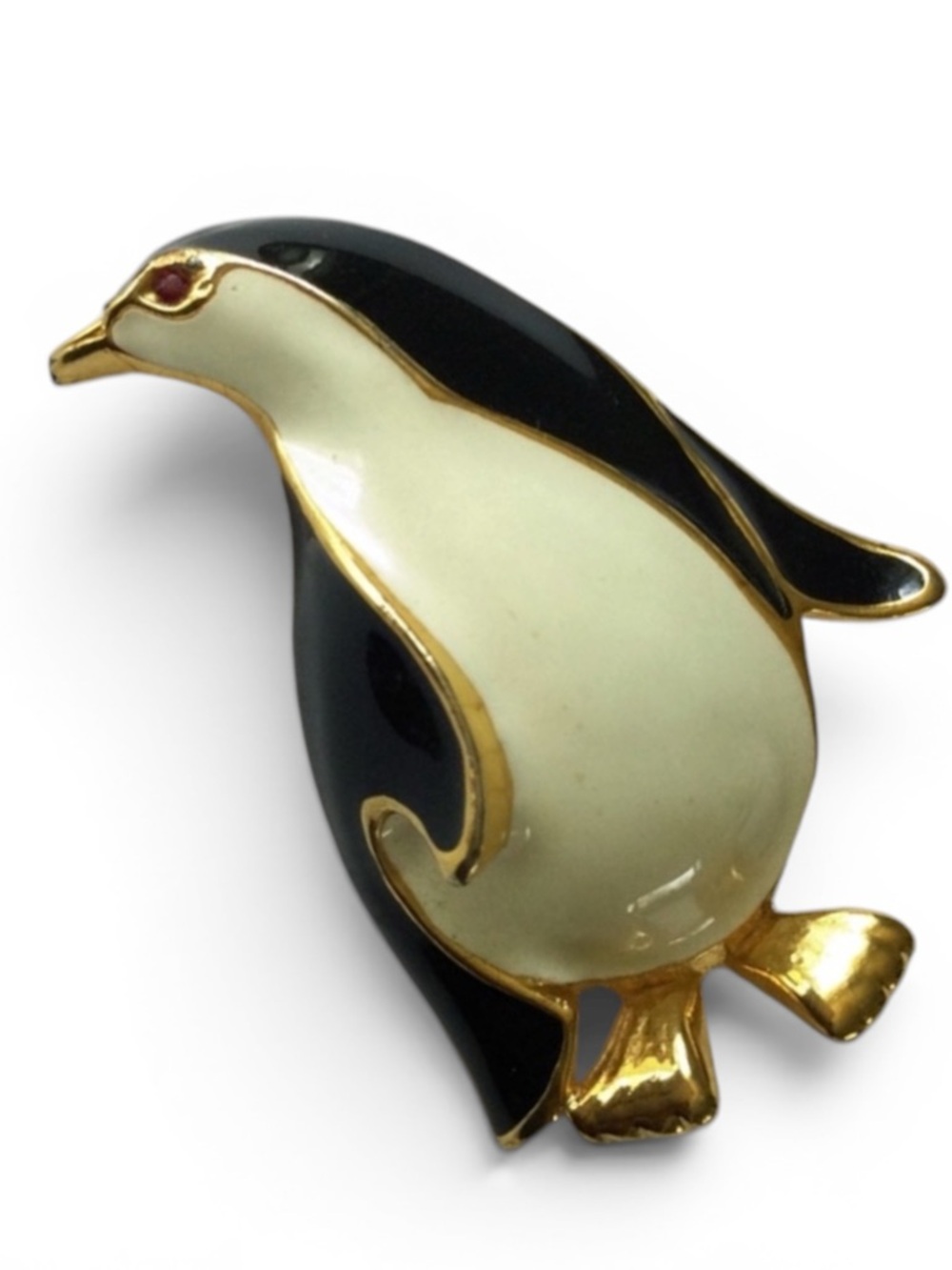 Vintage 1970s Gold-Tone & Enamel Penguin Brooch, Black & Ivory - Picture 6 of 10